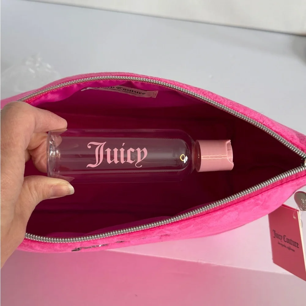 Juicy Couture Large Fuzzy Pink Cosmetic Bag 10” x 7” x 4.5”